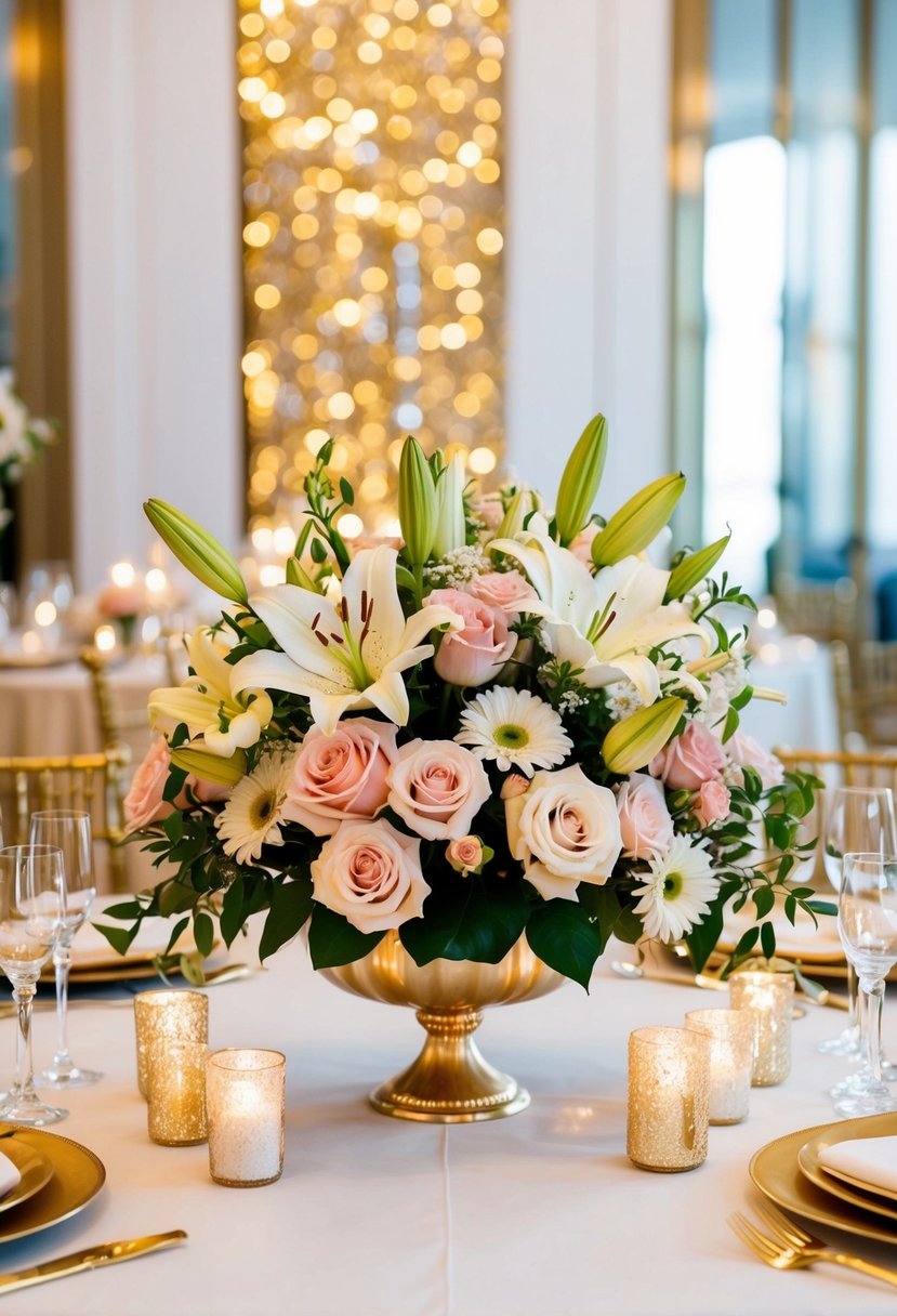 A table adorned with a grand bouquet of roses, lilies, and daisies, surrounded by sparkling candles and golden decorations