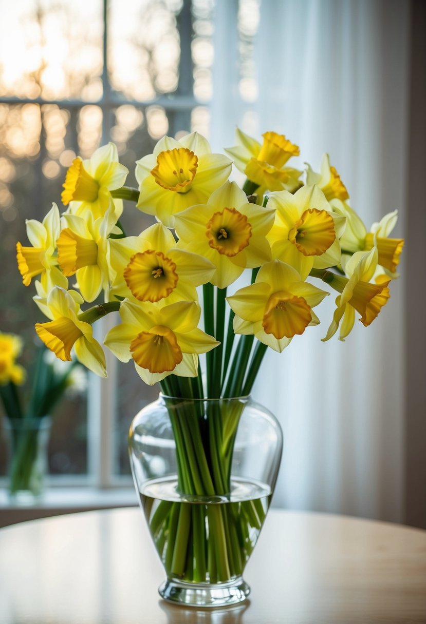 A vibrant bouquet of daffodils arranged in a clear glass vase, surrounded by soft, natural lighting