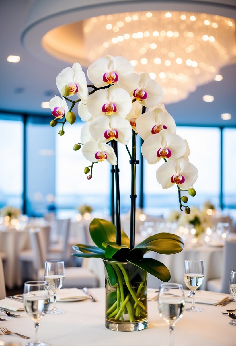 A sleek glass vase holds a stunning arrangement of elegant orchids, adding a modern touch to a 50th wedding anniversary celebration