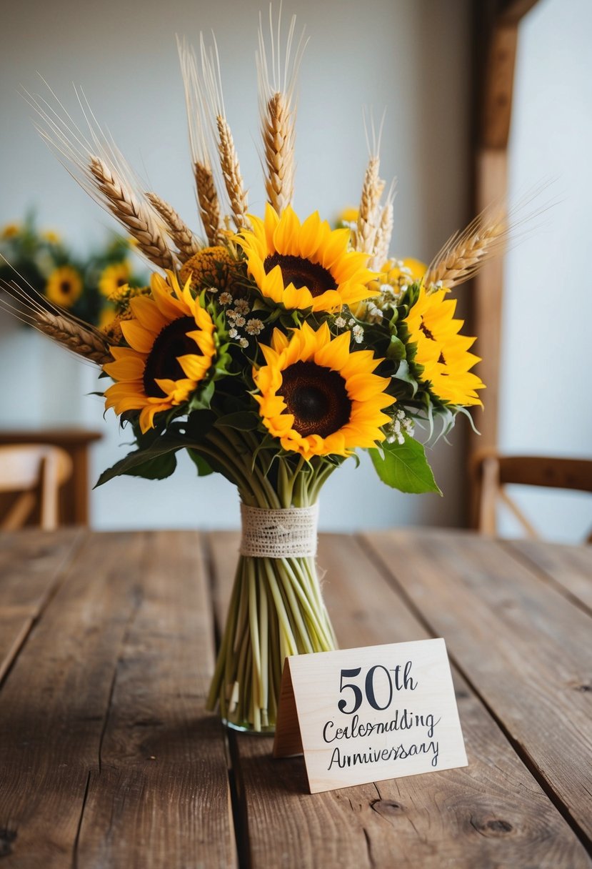 A rustic wooden table adorned with a bouquet of sunflowers and wheat, celebrating a 50th wedding anniversary