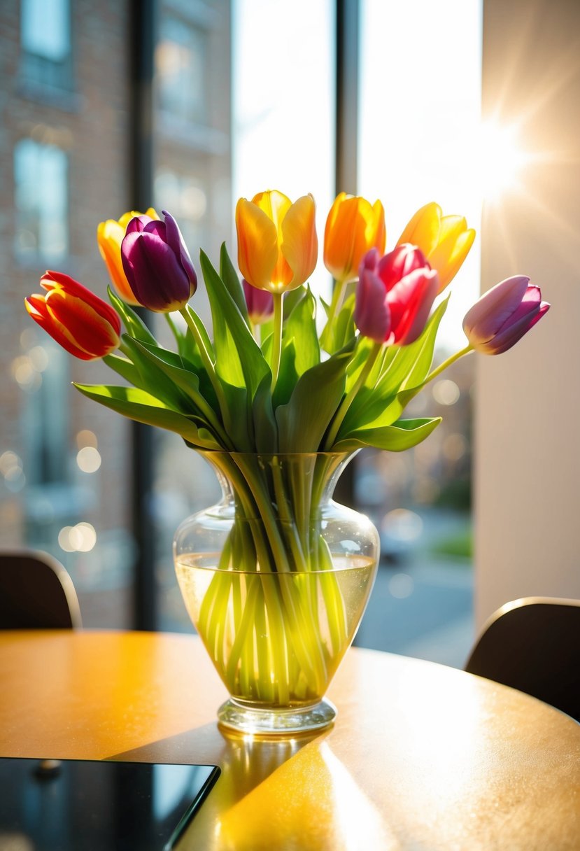 A colorful bouquet of tulips in a vase on a sunlit table