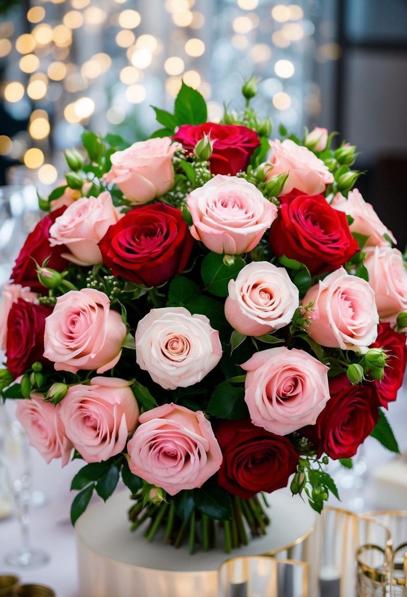 A lush bouquet of classic pink and red roses arranged in a celebratory 50th wedding anniversary theme