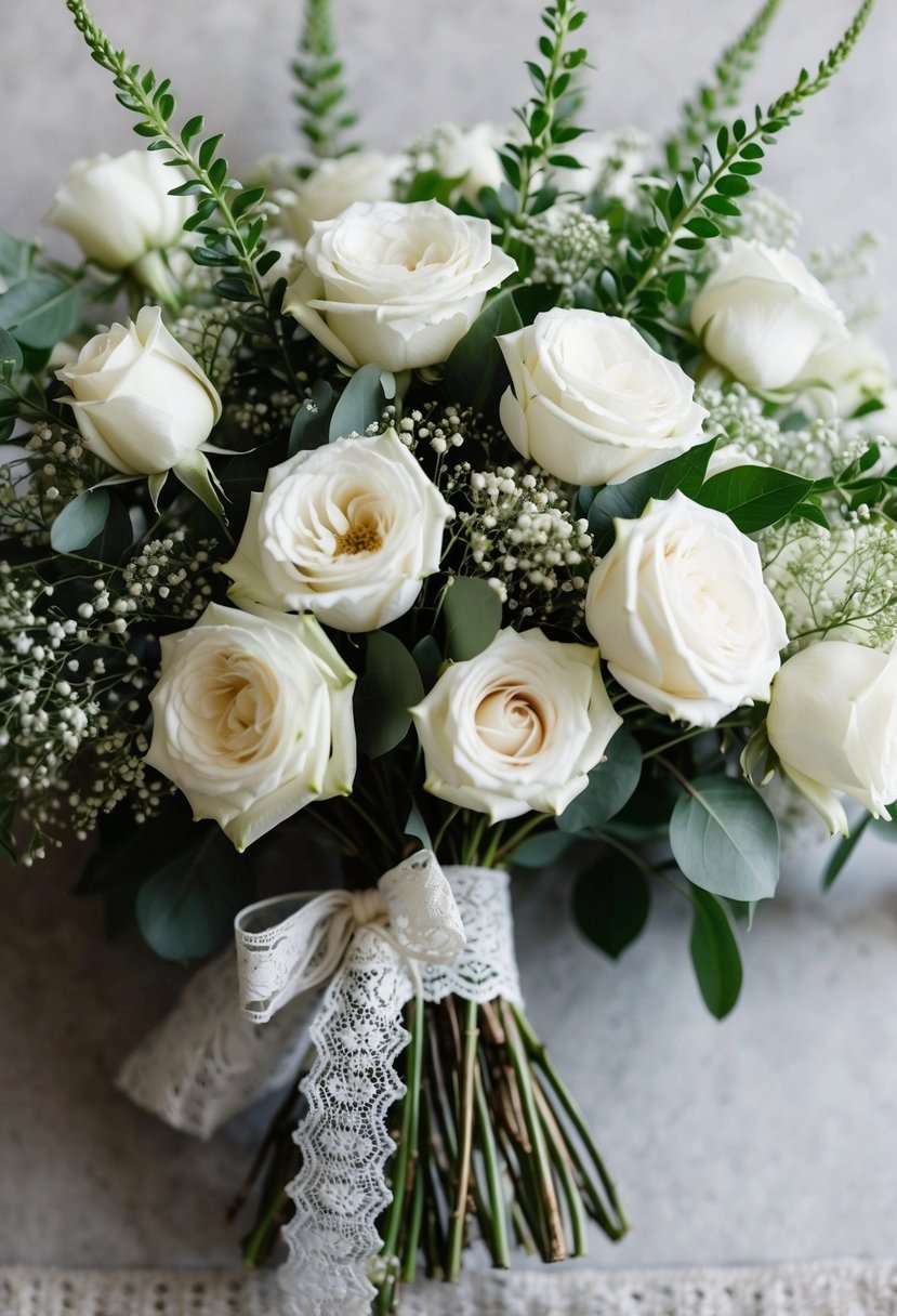 A vintage-inspired bouquet with cascading white roses, baby's breath, and greenery, tied with a lace ribbon