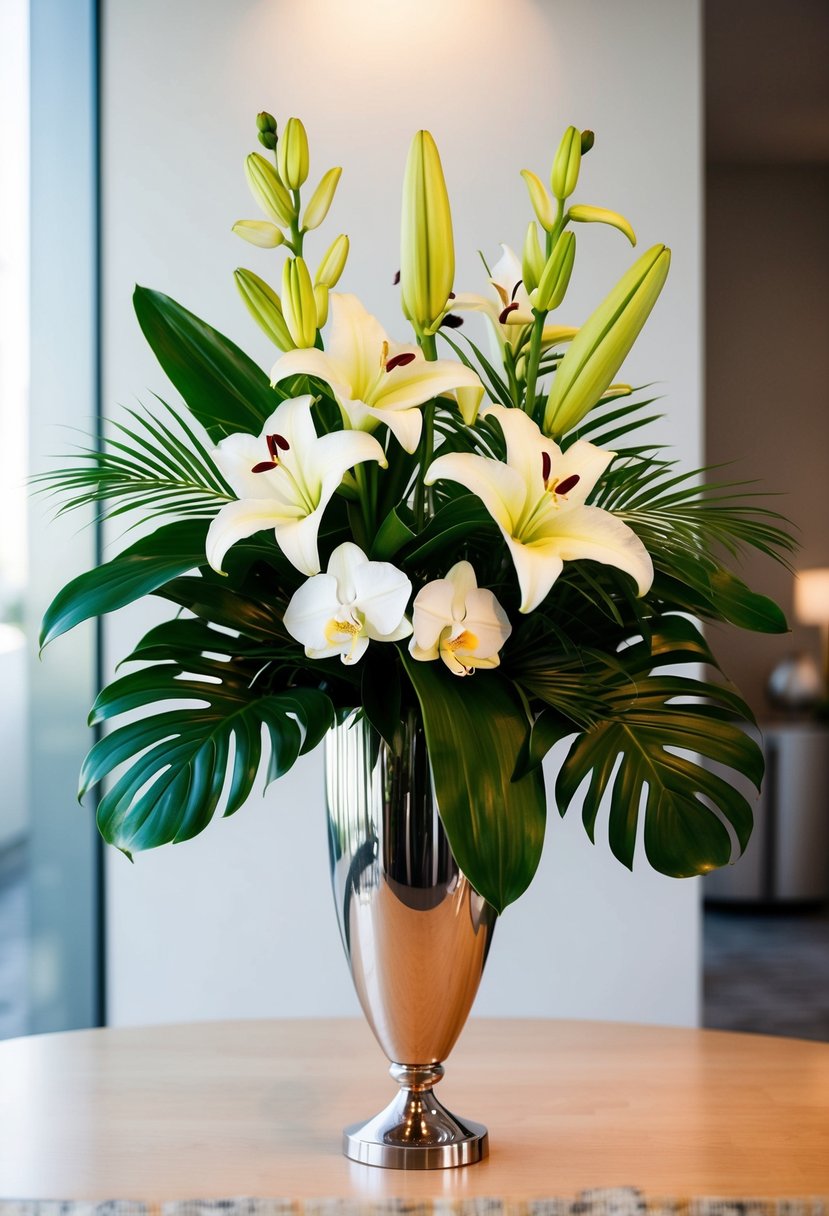 Exotic lilies, orchids, and tropical foliage arranged in a tall, sleek vase