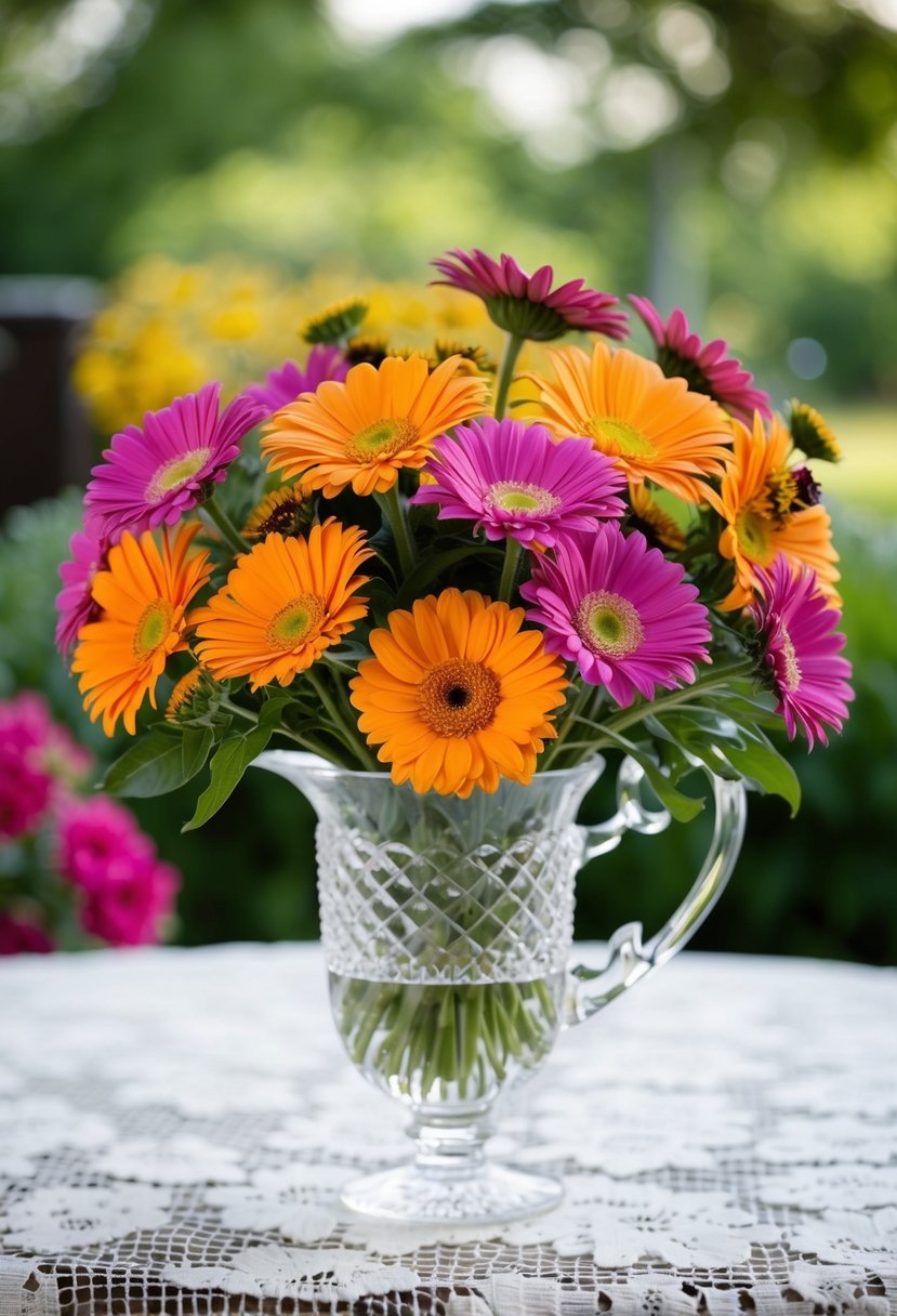 A vibrant bouquet of gerbera daisies and asters in a crystal vase on a lace tablecloth