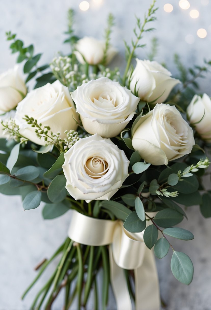 A classic white rose bouquet arranged in a vintage style, with delicate greenery and ribbon accents