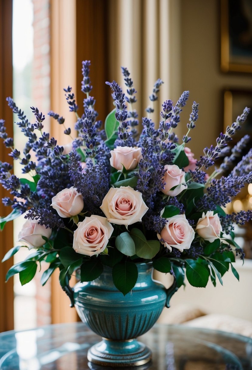 A lush bouquet of lavender and roses arranged in a vintage vase