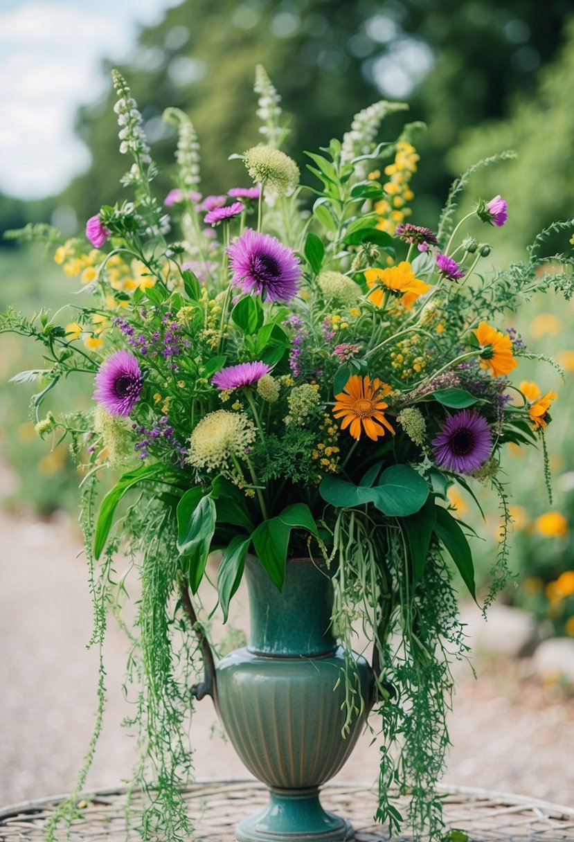 A lush, untamed bouquet of wildflowers in a vintage vase, with cascading greenery and pops of vibrant blooms