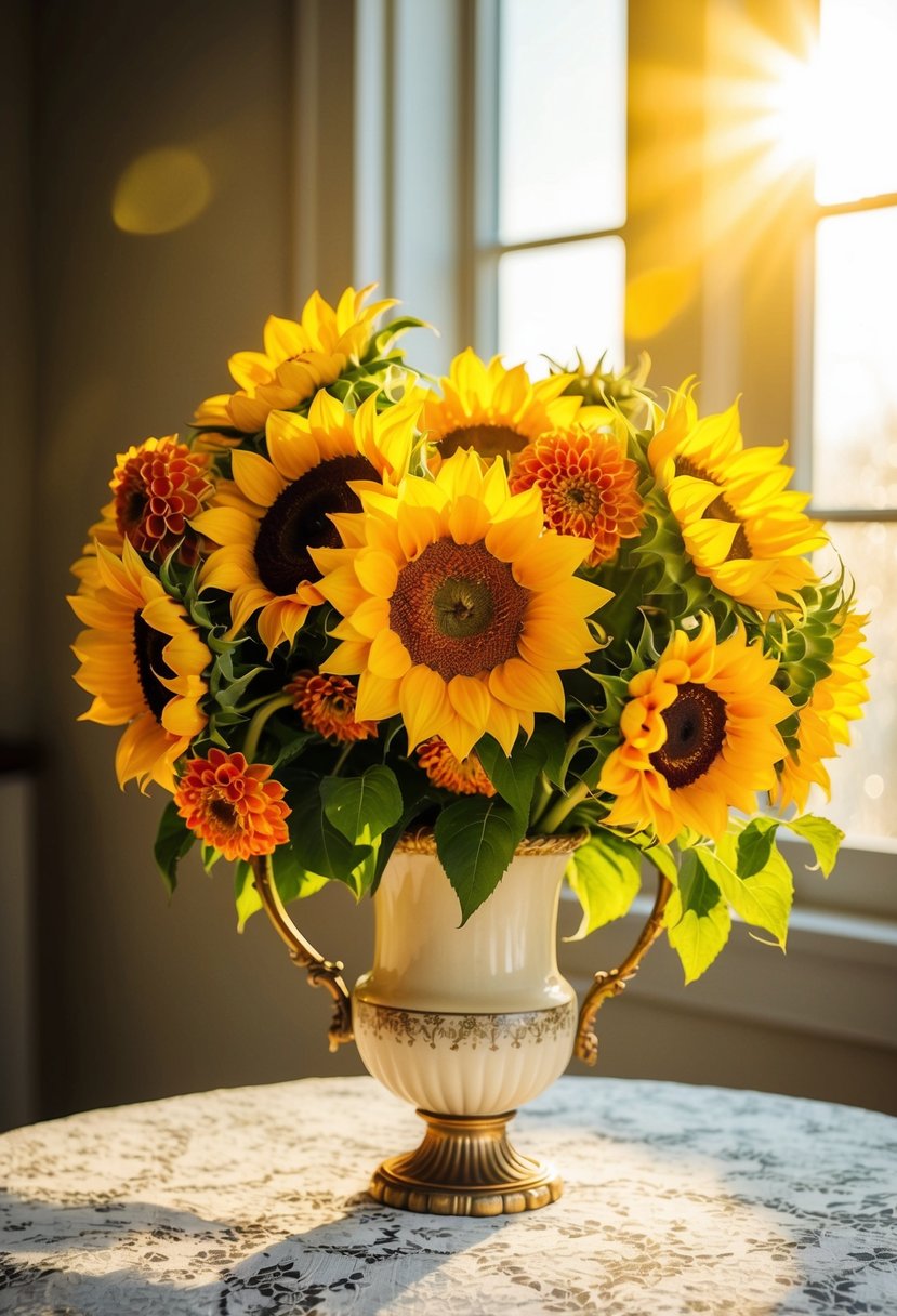 A lush bouquet of sunflowers and dahlias in a vintage vase on a lace-covered table. Sunshine streams through a nearby window, casting warm, golden light on the vibrant blooms