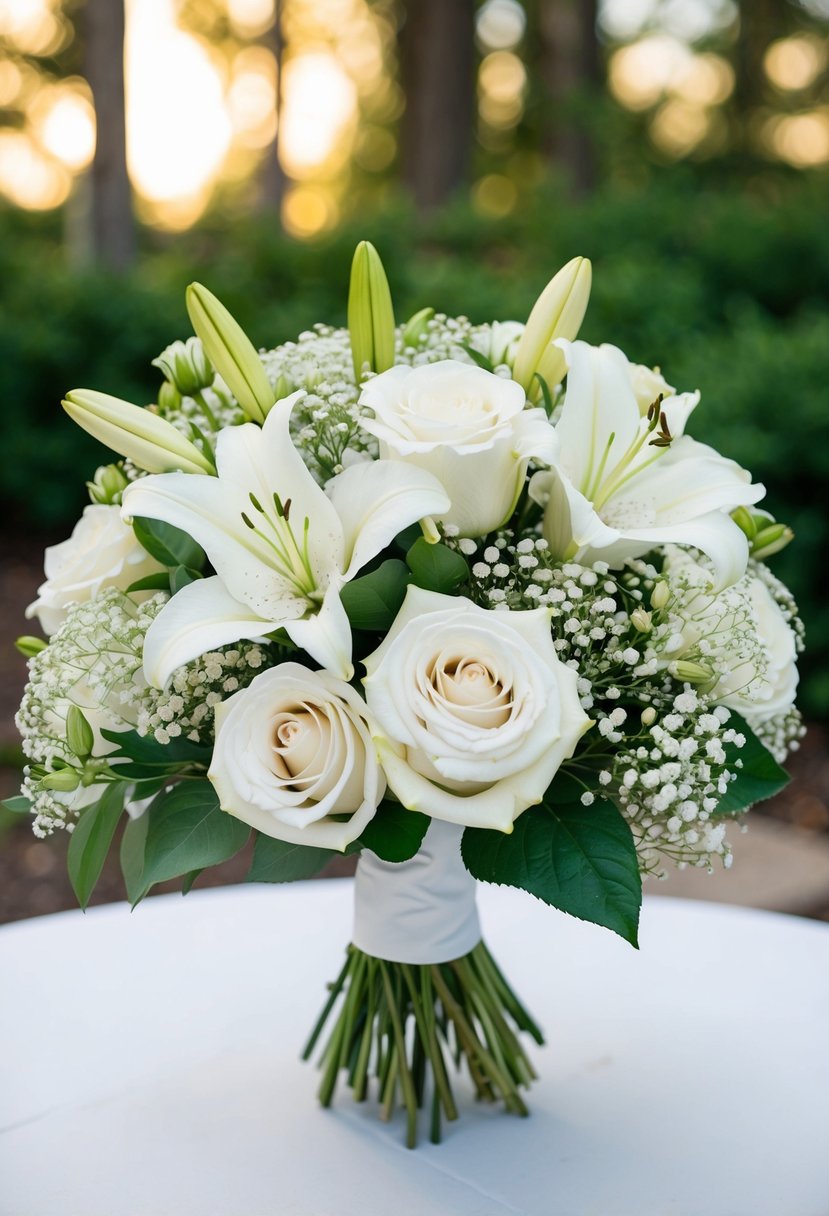 A white wedding bouquet with roses, lilies, and baby's breath