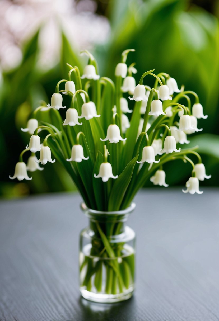 A small, vintage-inspired bouquet of lilies of the valley