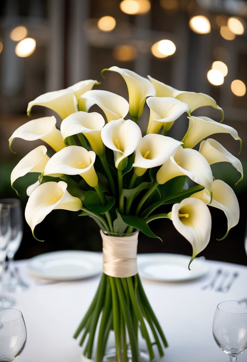 A cluster of elegant Calla lilies arranged in a 1920s-style wedding bouquet, with long stems and delicate white petals