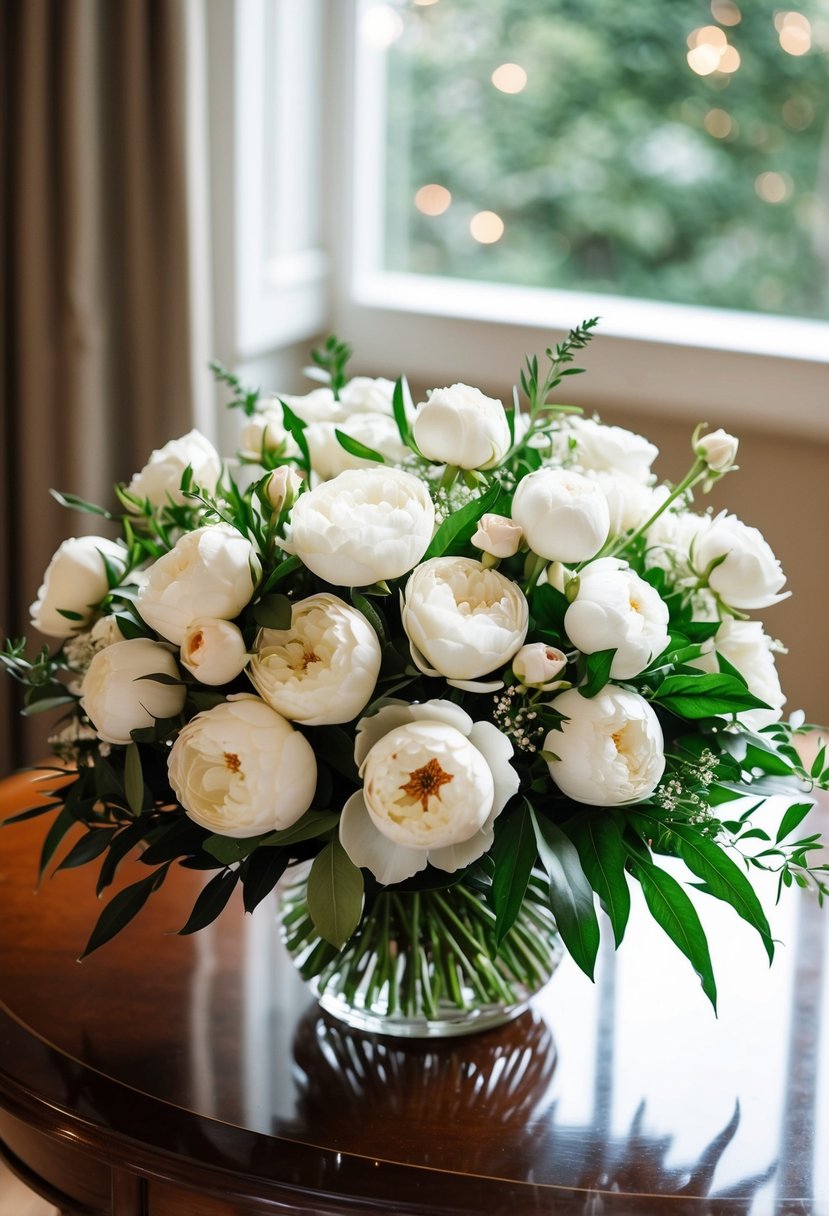 A pristine bouquet of white roses and peonies, elegantly arranged with green foliage, sits on a polished wooden table