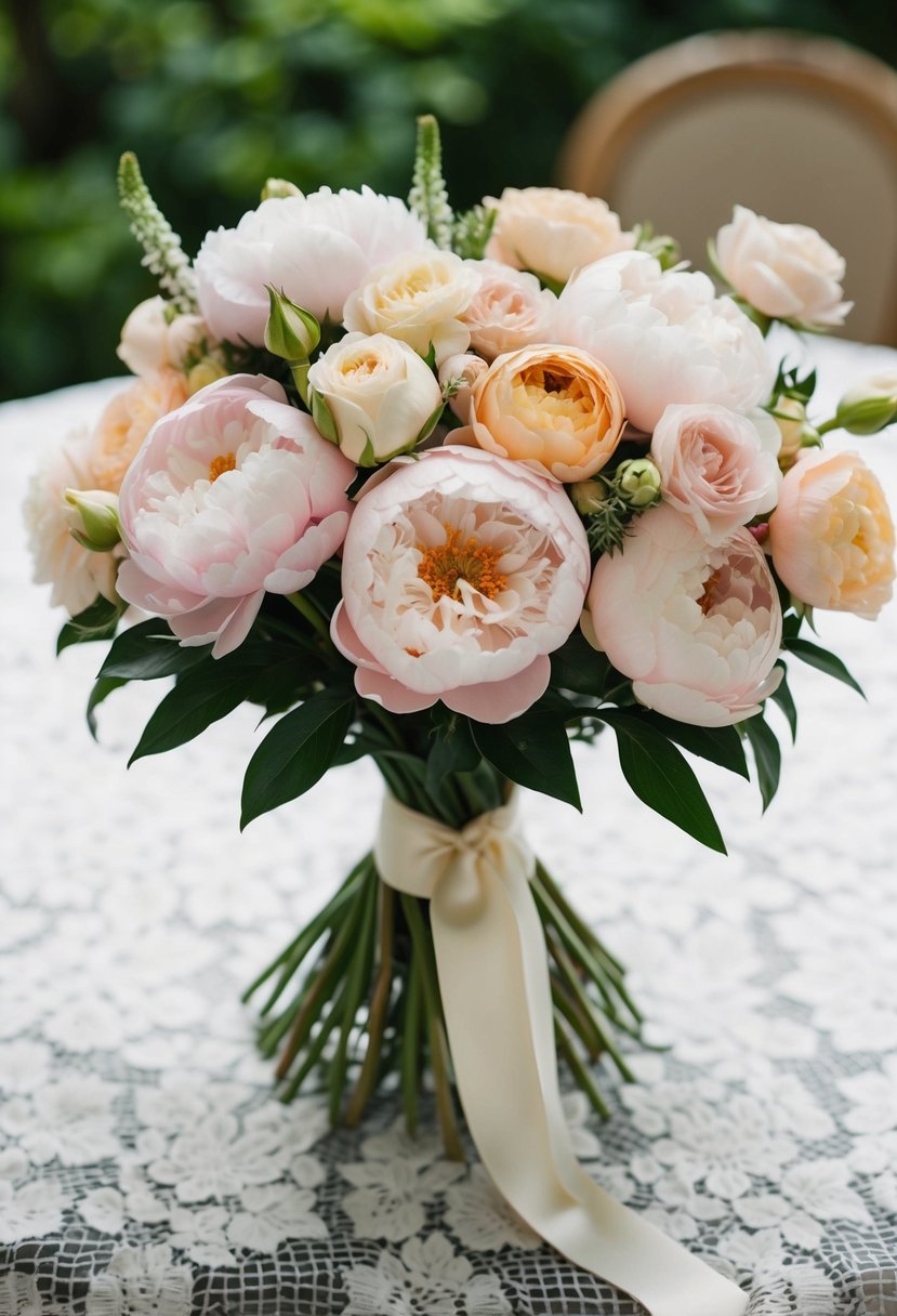 A vintage-inspired bouquet of peonies and garden roses in soft pastel colors, tied with a silk ribbon, sitting on a lace tablecloth