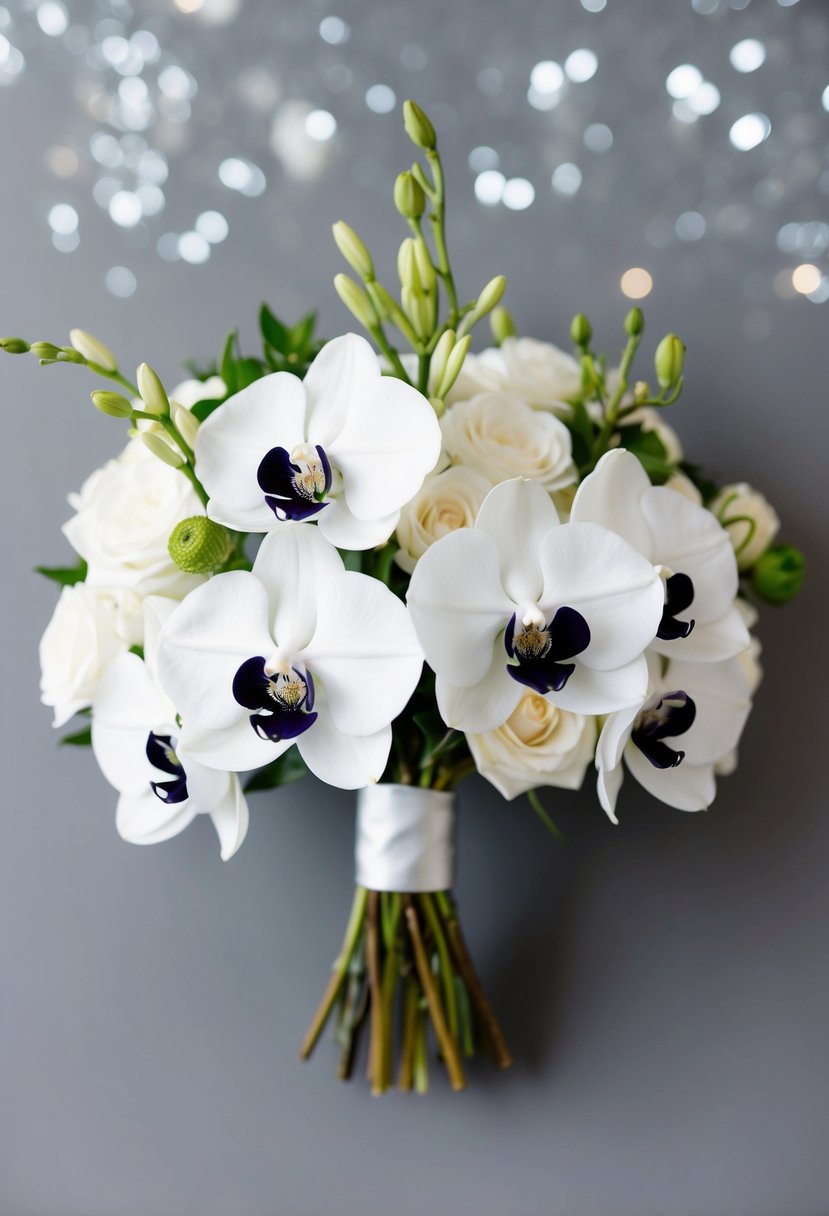 A modern white wedding bouquet with orchids and anemones, arranged in a sleek, minimalist style