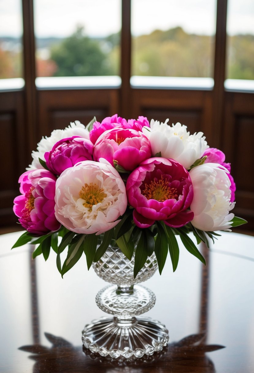 A vibrant arrangement of peonies in various shades of pink and white, nestled in a crystal vase on a polished mahogany table