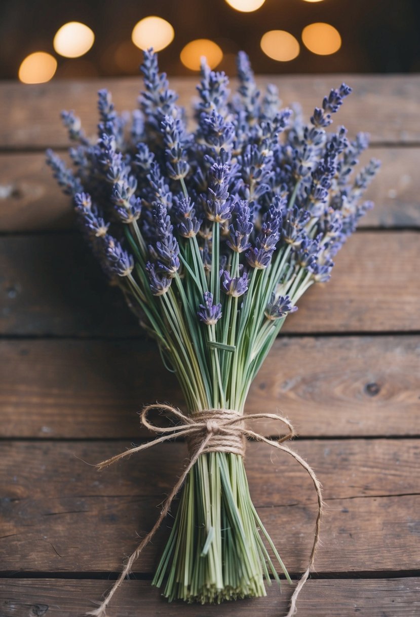 A rustic bouquet of lavender and wheat tied with twine