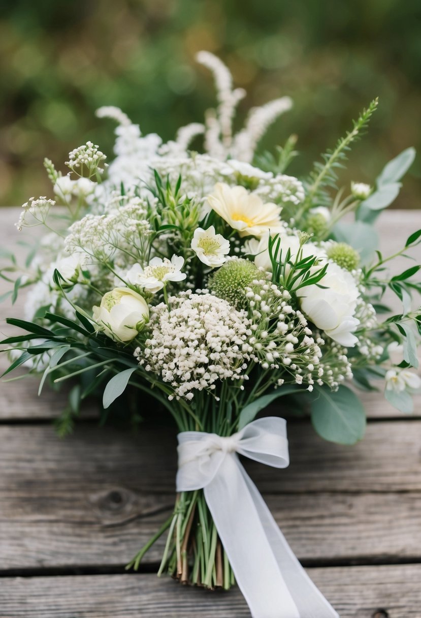 A rustic wildflower and baby's breath arrangement in a white wedding bouquet, with a mix of delicate blooms and greenery, tied with a simple ribbon