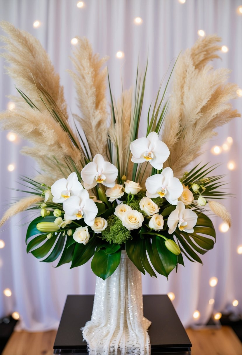 A bouquet of white orchids, pampas grass, and ranunculus arranged in a celebratory 50th wedding anniversary display