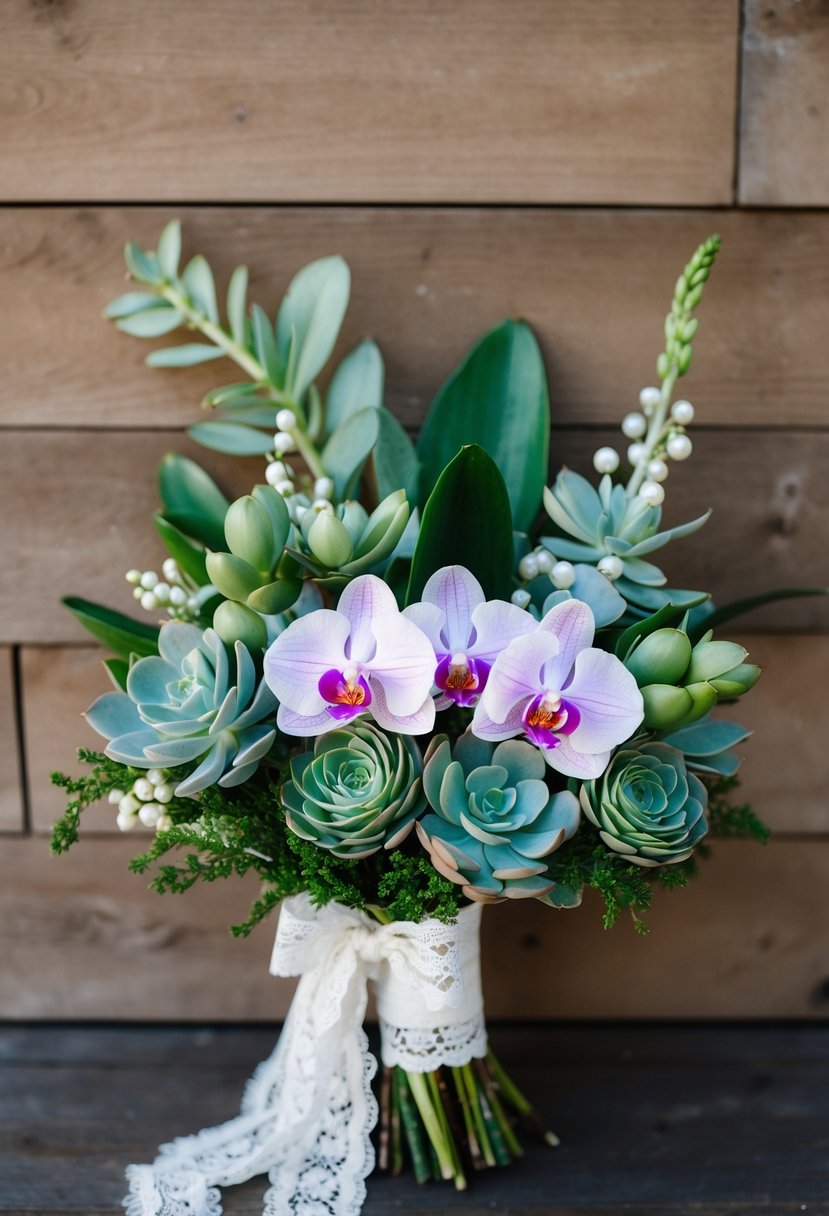 A vintage-inspired bouquet with chic orchids and succulents, tied with lace and pearls