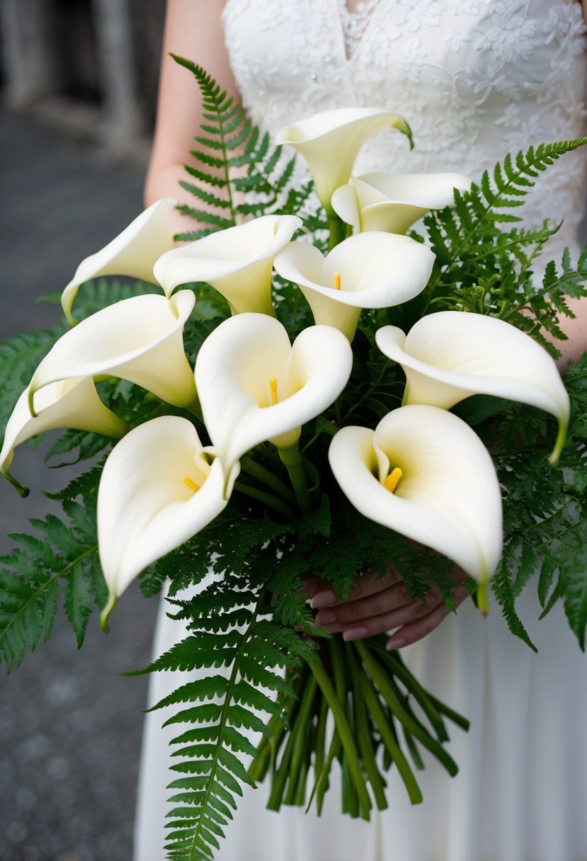 A bouquet of elegant white calla lilies and ferns arranged in a delicate white wedding bouquet