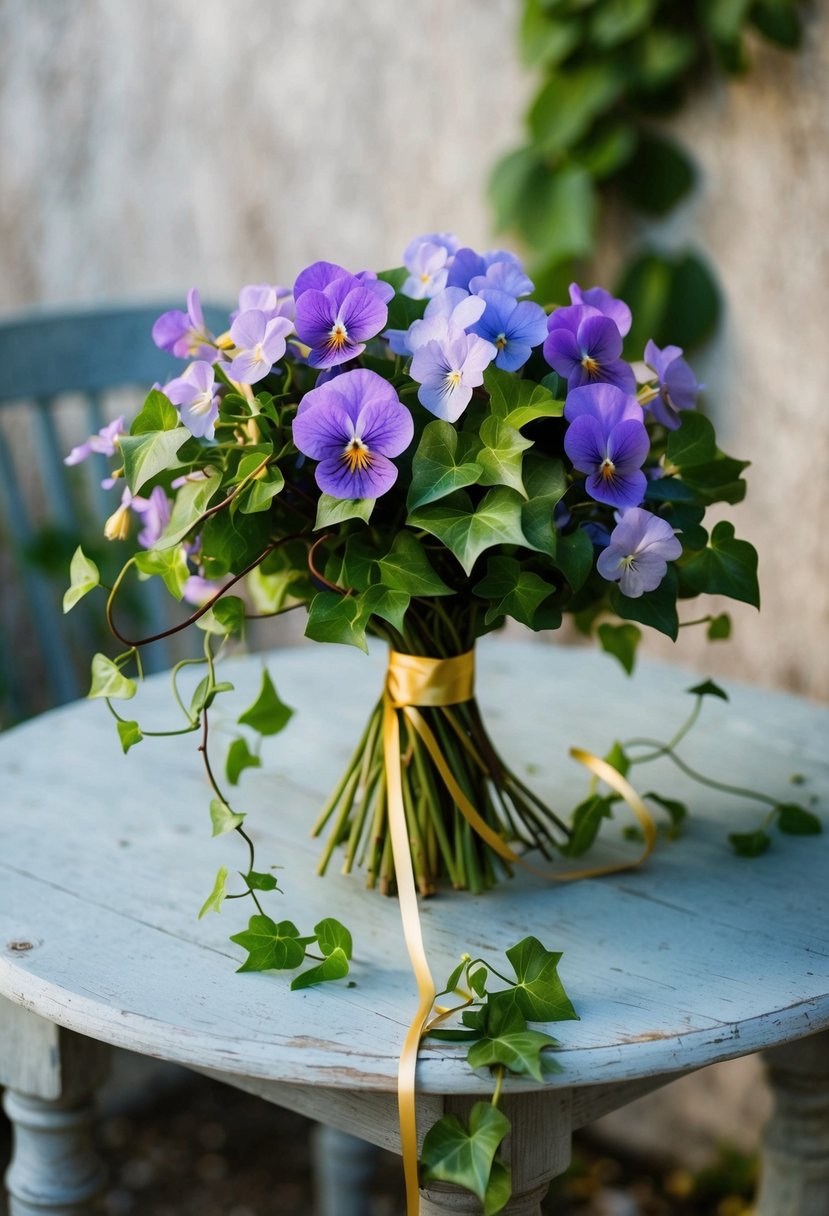 A delicate bouquet of violets and ivy, intertwined with a golden ribbon, sits on a weathered wooden table