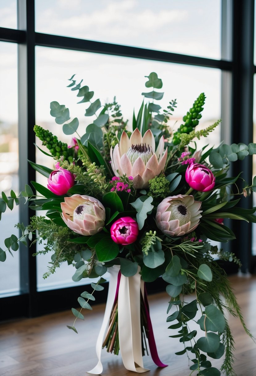 A lush bouquet of modern protea and eucalyptus, arranged in a cascading style with a mix of greenery and pops of vibrant pink blooms