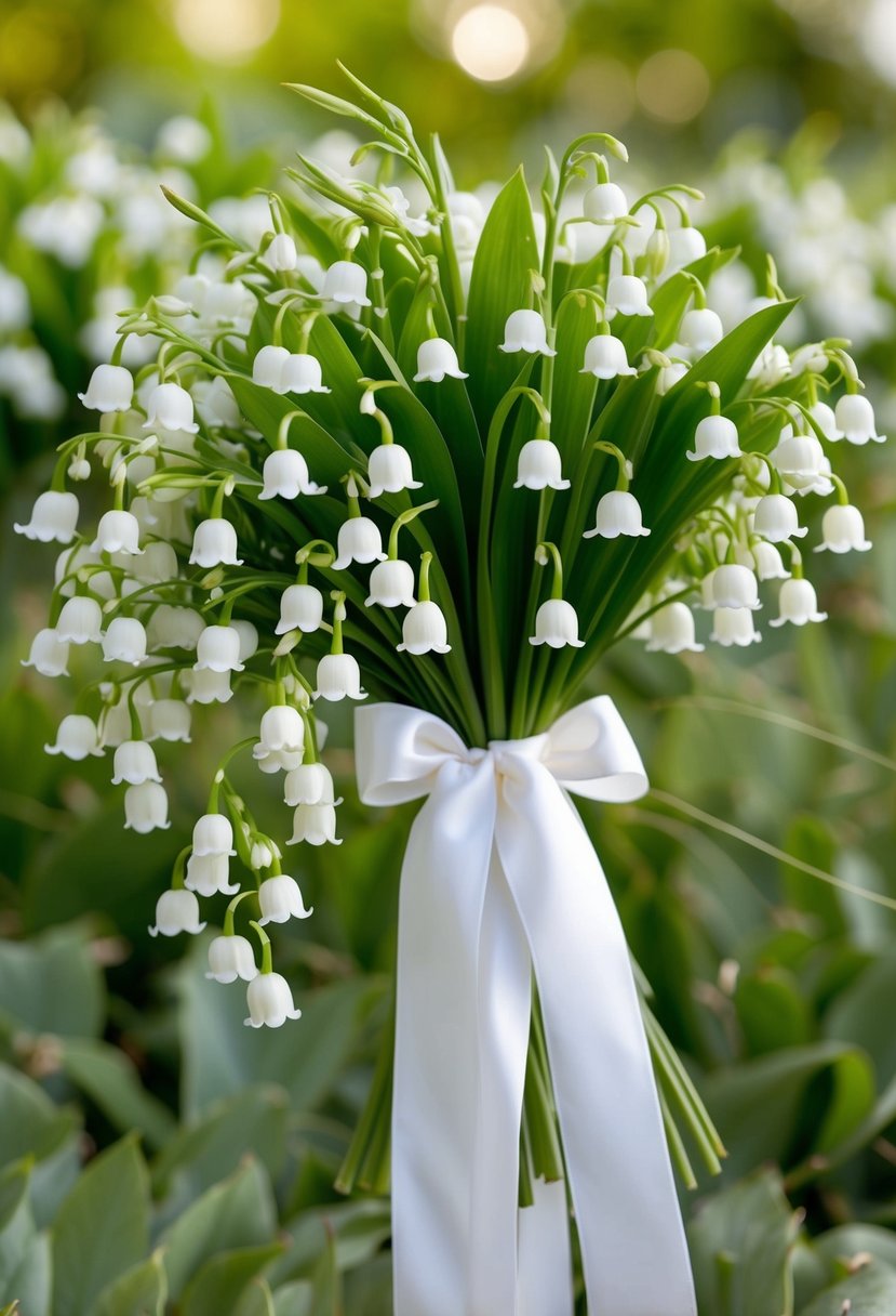 A bountiful bunch of Lily of the Valley arranged in a white, cascading wedding bouquet, accented with delicate greenery and tied with a satin ribbon