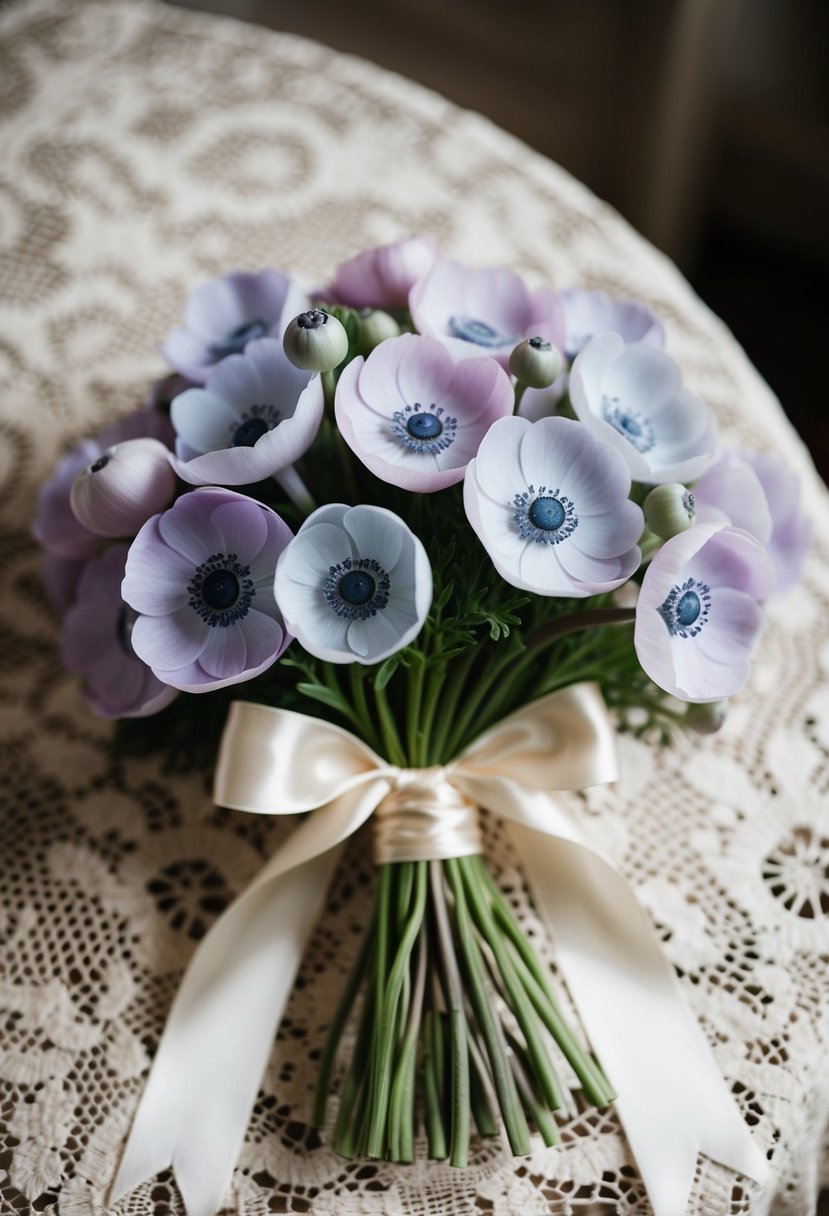 A delicate bouquet of soft pastel anemones, tied with a satin ribbon, sits on a vintage lace tablecloth