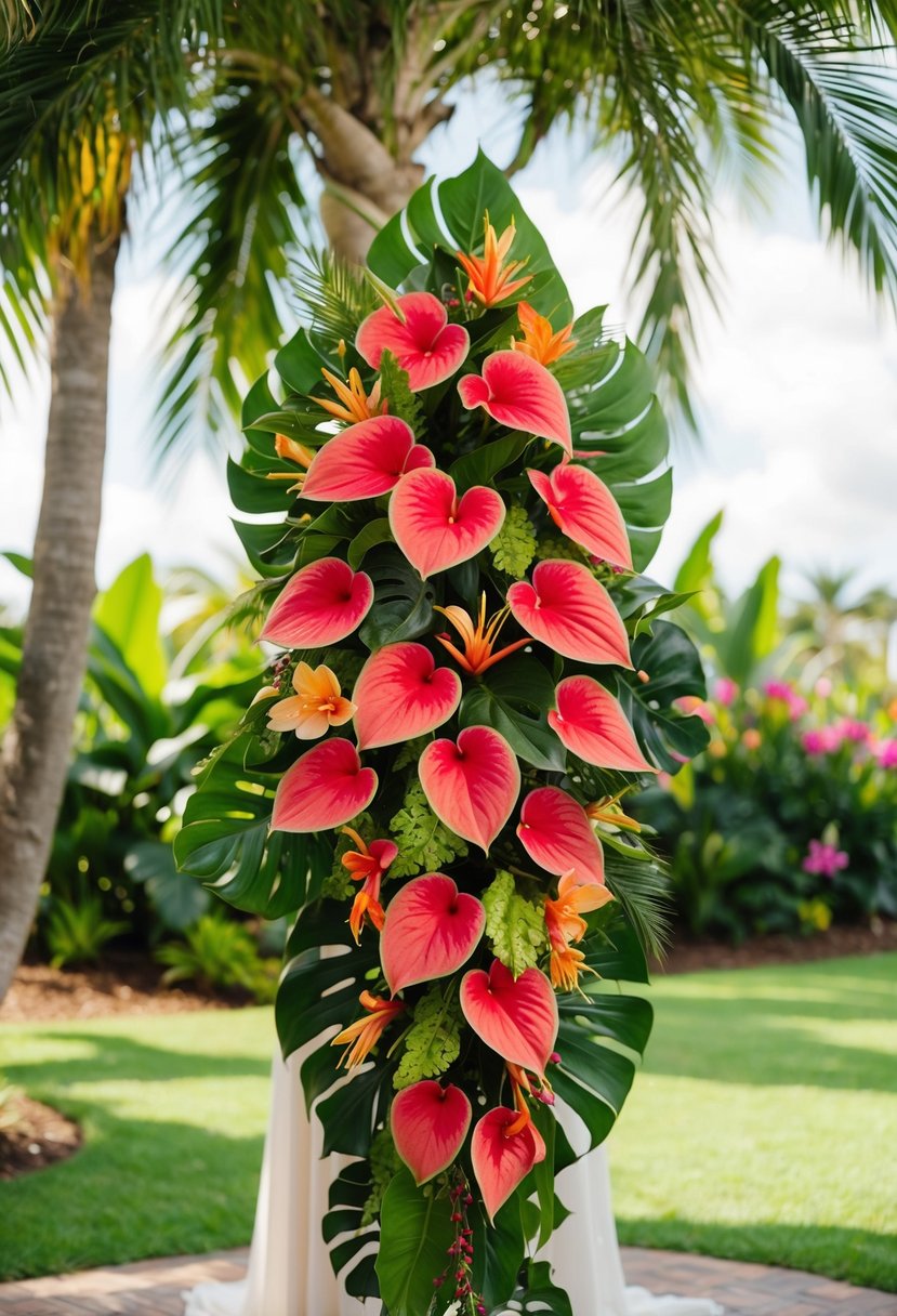 Vibrant anthuriums, lush green foliage, and exotic blooms arranged in a cascading bouquet for a tropical-inspired 50th wedding anniversary celebration