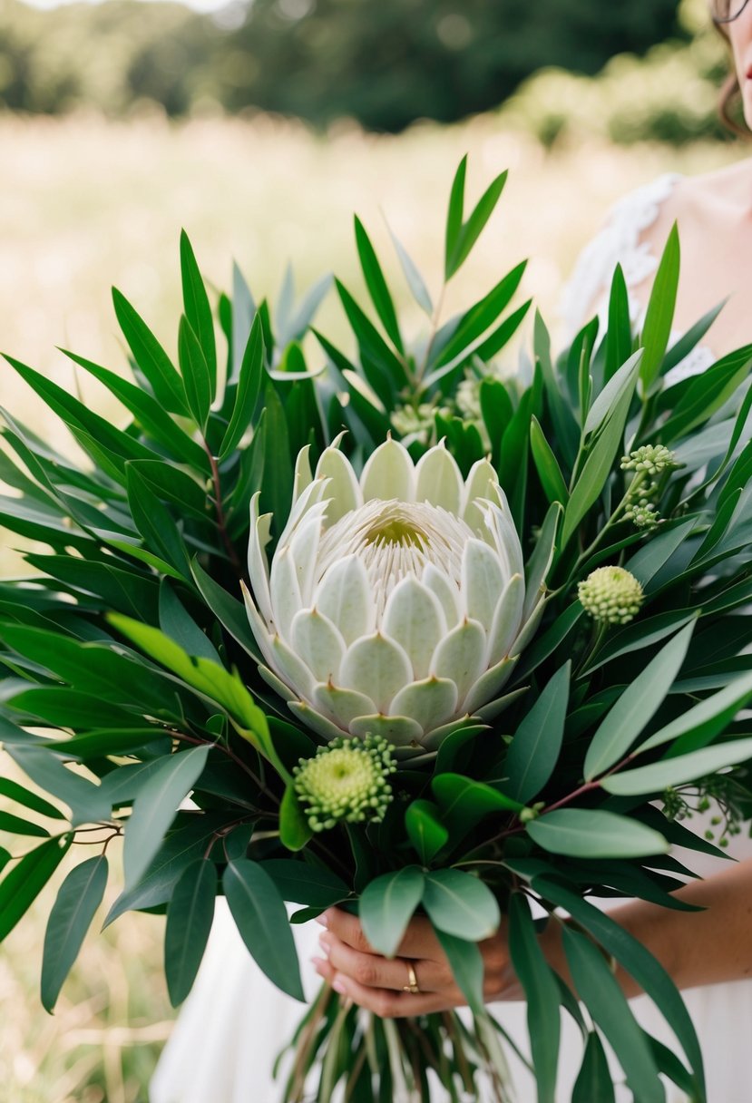 A white protea surrounded by lush greenery, arranged in a bridal bouquet