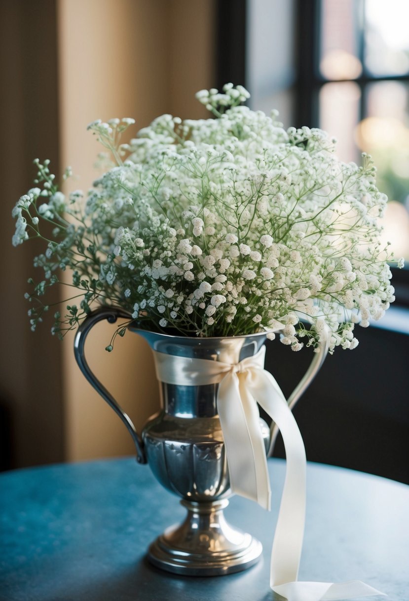 A delicate bouquet of baby's breath and lace tied with a satin ribbon, nestled in a vintage silver vase