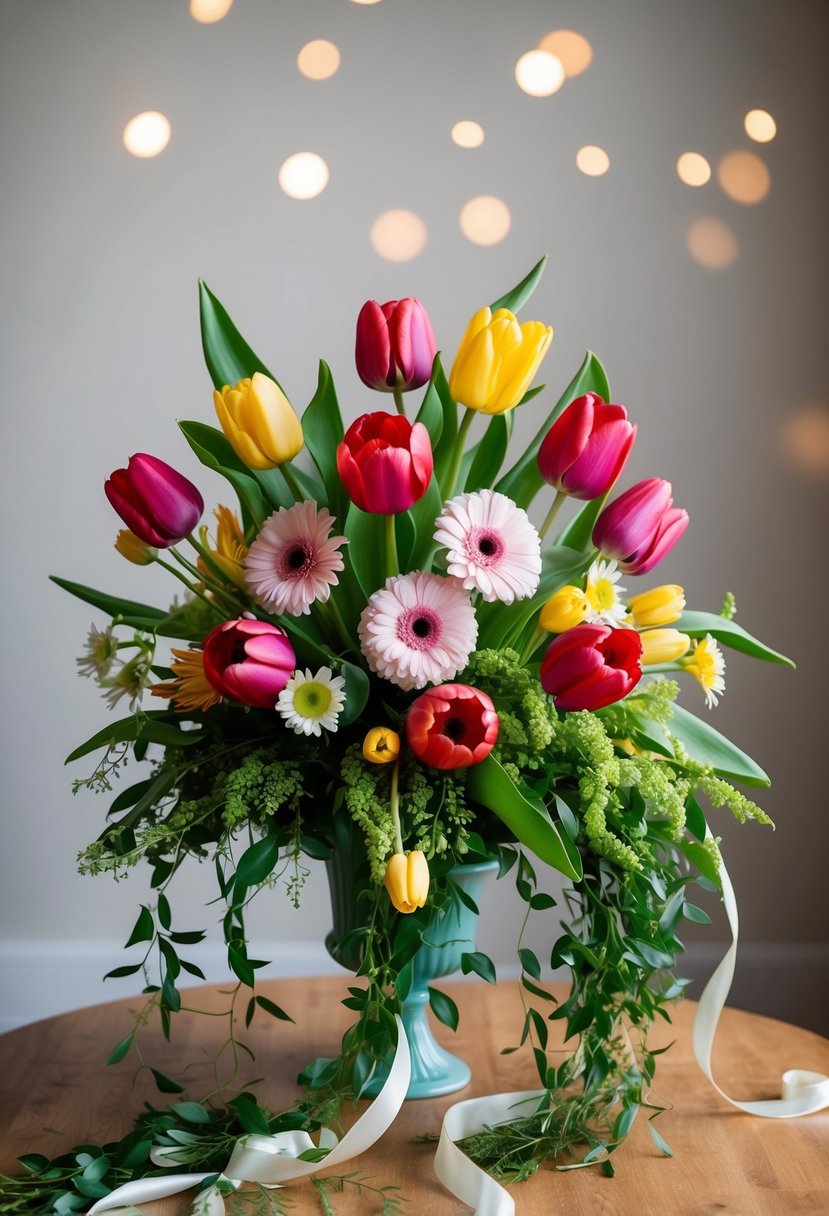 A vibrant bouquet of bold tulips and gerbera daisies arranged in a 1920s style with cascading greenery and trailing ribbons