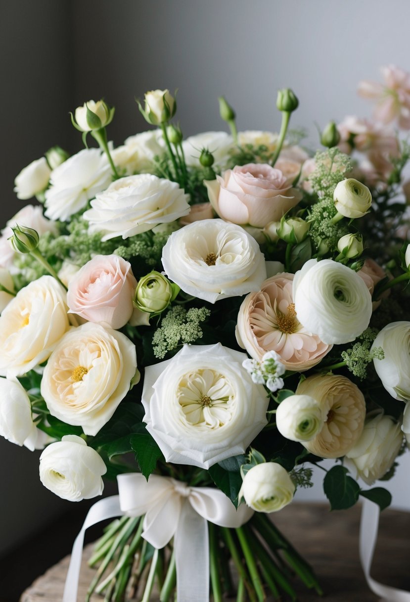 A lush bouquet of vintage garden roses and ranunculus in white and soft pastel hues, tied with a delicate ribbon