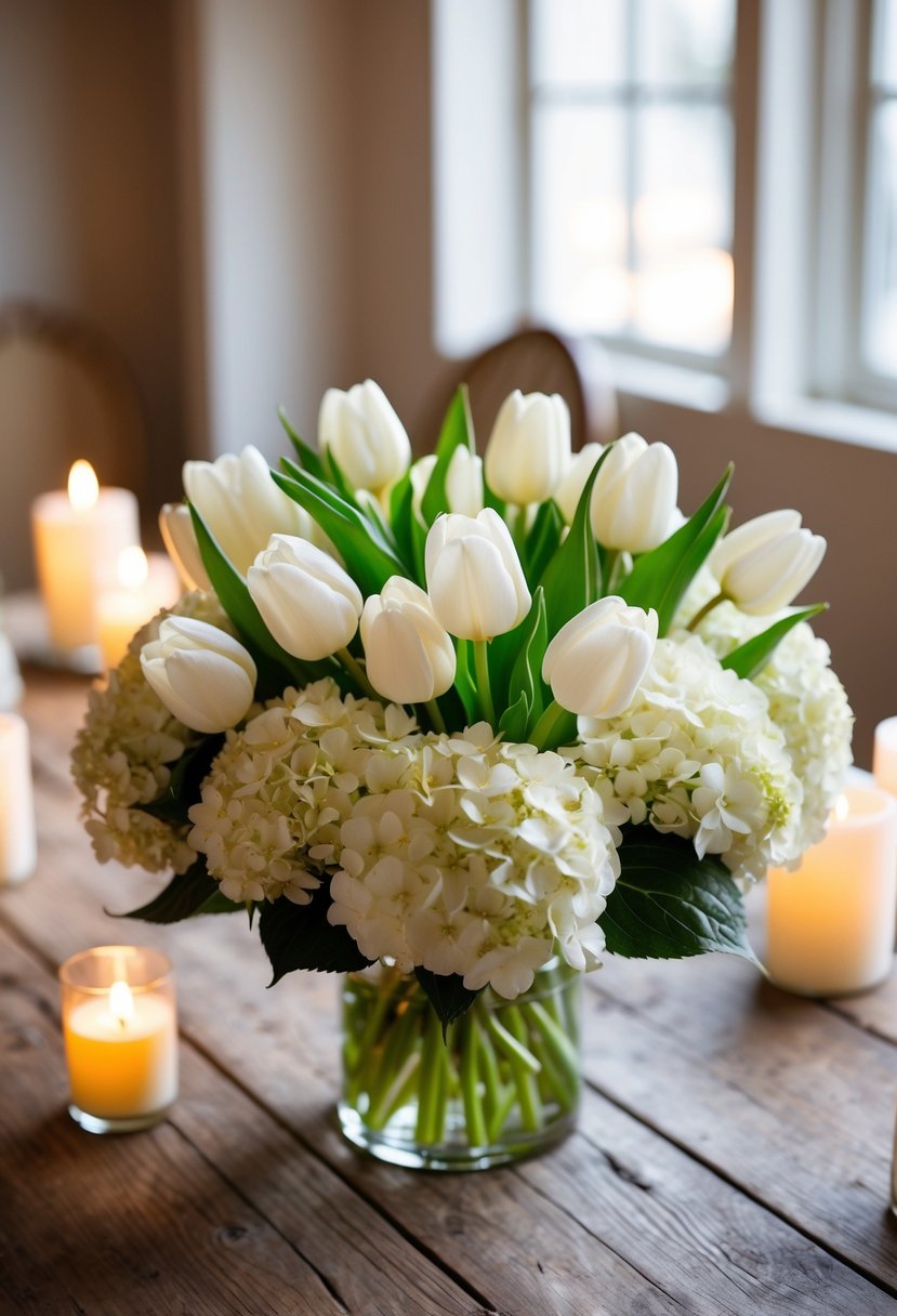 A chic wedding bouquet of white tulips and hydrangeas sits on a rustic wooden table, surrounded by soft candlelight