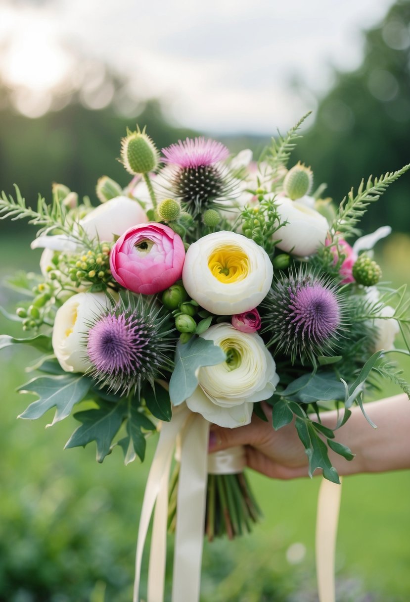 A lush bouquet of whimsical ranunculus and thistle, with delicate foliage and ribbon, evokes a 1920s wedding aesthetic