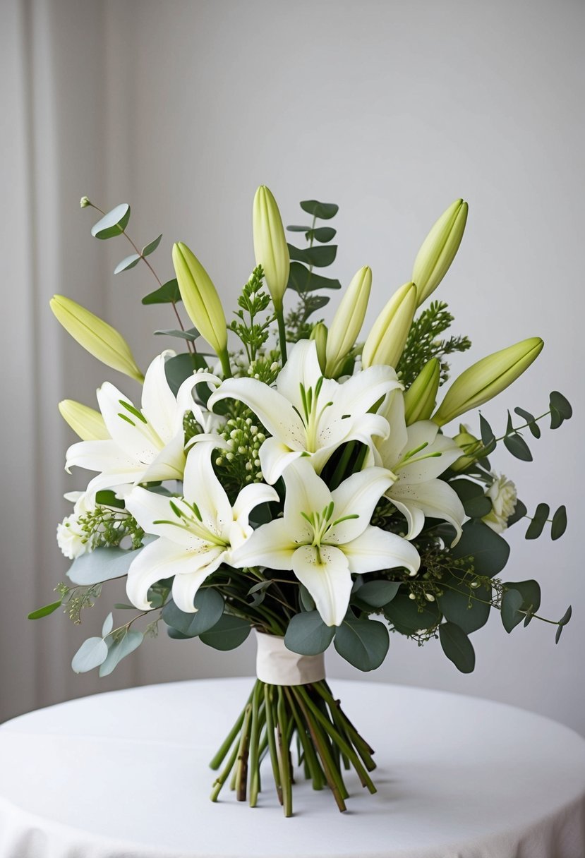 A pristine bouquet of white lilies and eucalyptus, arranged in a classic and timeless style