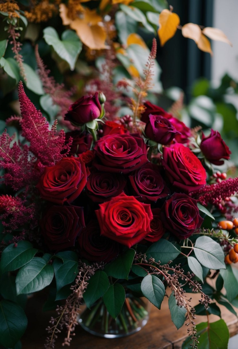 An elegant bouquet of deep red roses and vibrant amaranth, nestled among autumnal foliage and delicate tendrils