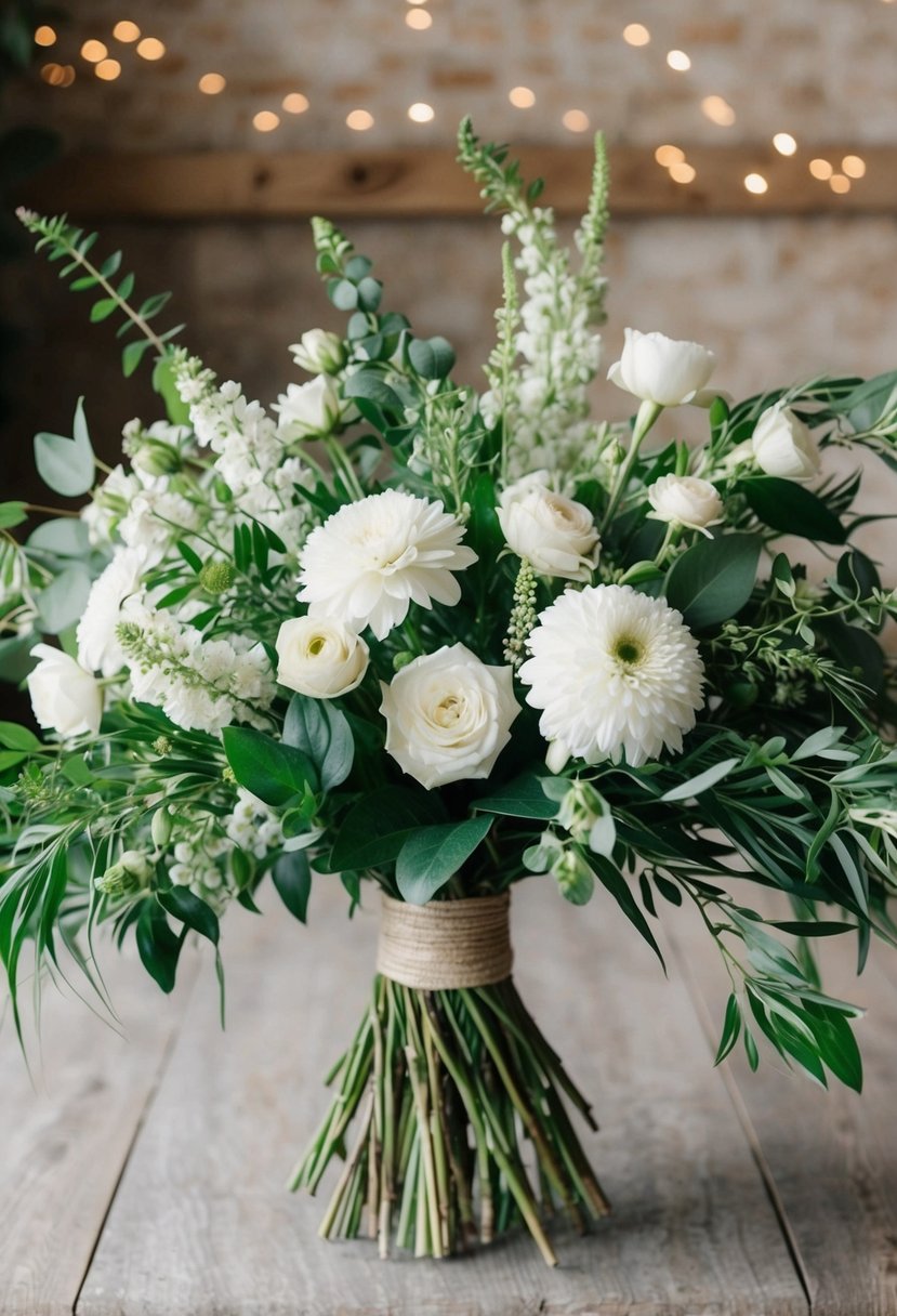 A loose, flowing arrangement of white flowers and greenery, with a bohemian feel