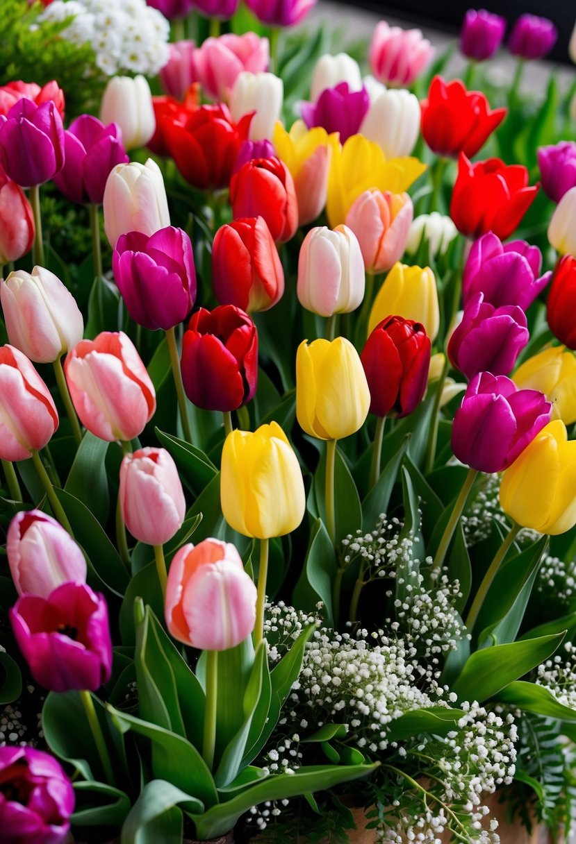 A vibrant collection of tulips in various shades of pink, red, and yellow arranged in a cascading bouquet, accented with lush greenery and delicate baby's breath