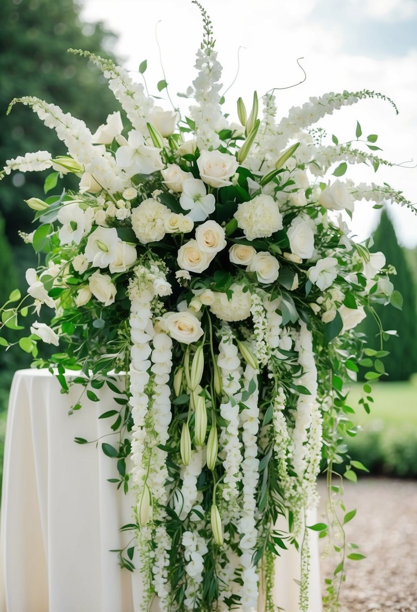 A lush arrangement of cascading white florals and vines, creating an elegant and romantic wedding bouquet