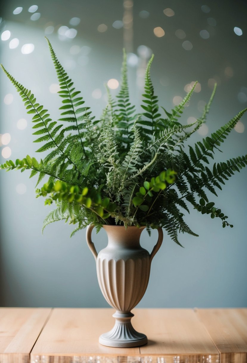 A simple, elegant bouquet of ferns and greenery in a 1920s style vase