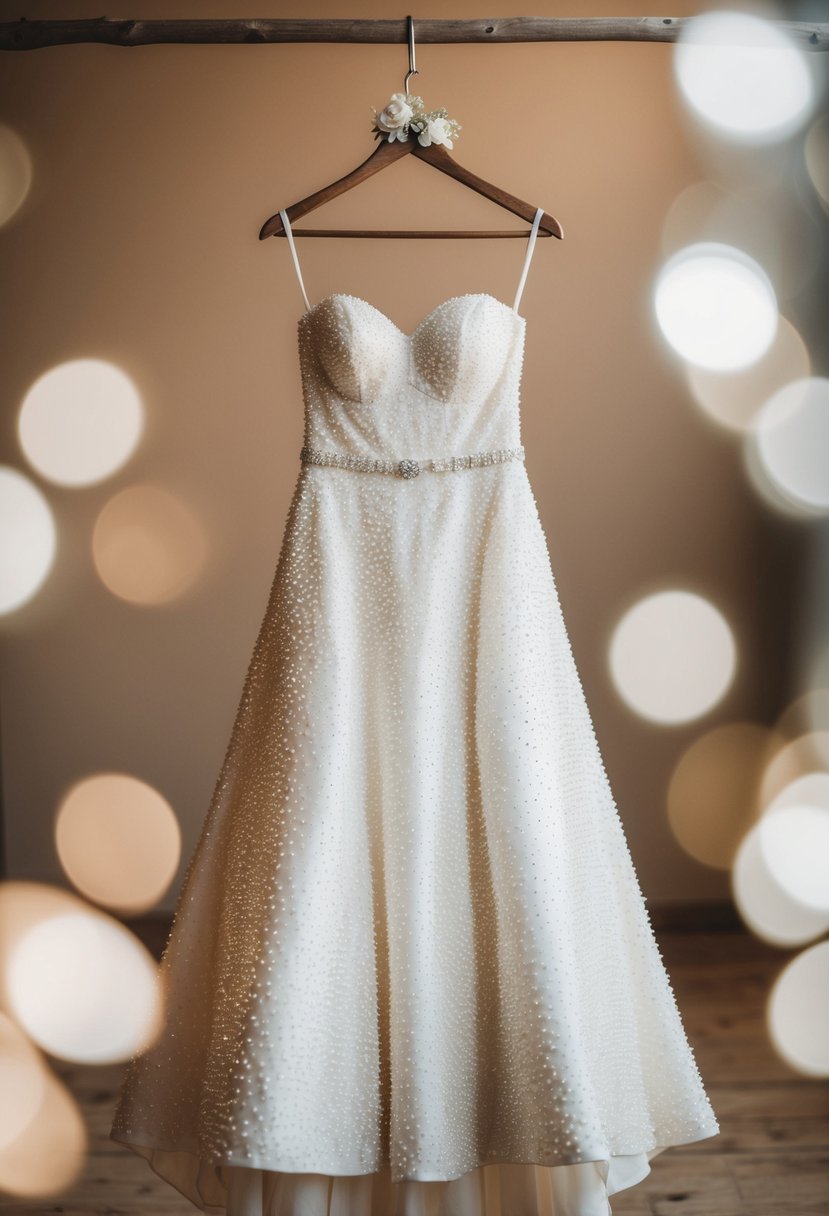 A shimmering pearl wedding dress hanging on a rustic wooden hanger, surrounded by soft, ethereal lighting