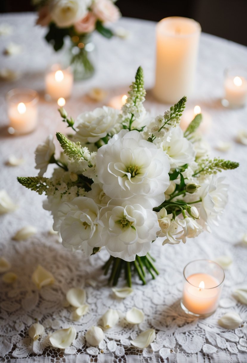 A delicate white lisianthus and dusty miller bouquet rests on a lace tablecloth, surrounded by soft candlelight and scattered rose petals