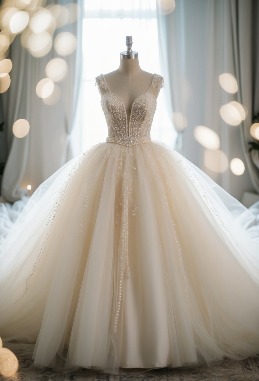 A flowing pearl and tulle gown surrounded by soft, ethereal lighting, with delicate lace and shimmering embellishments