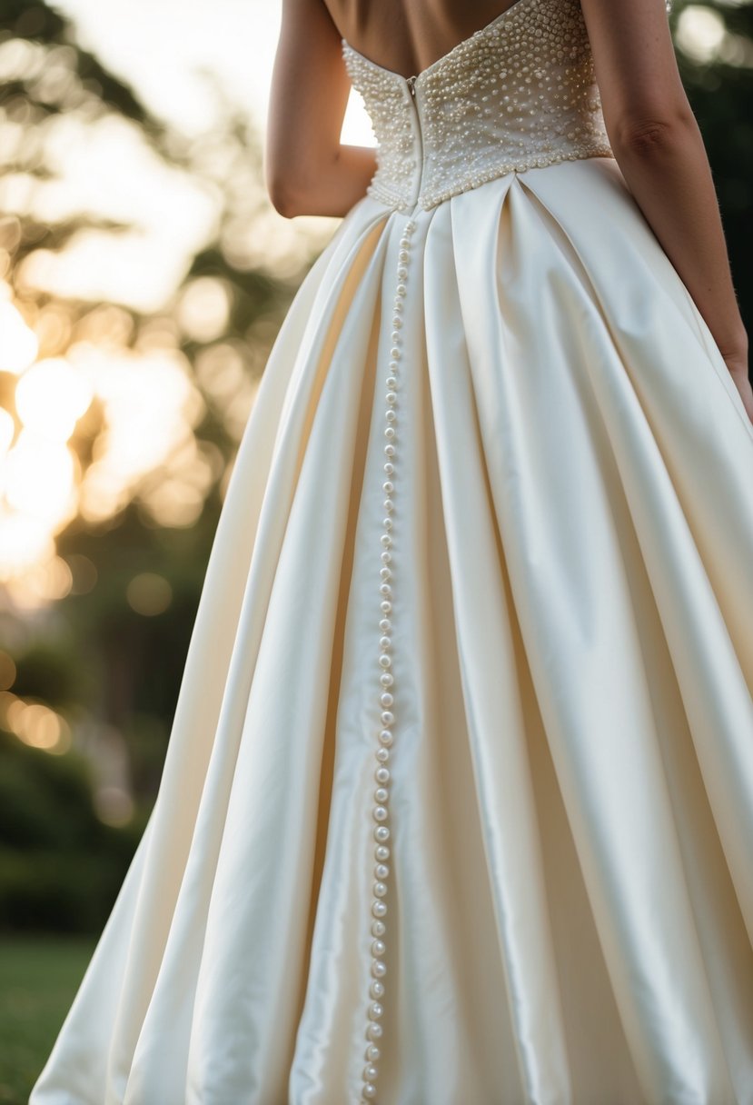 A flowing silk wedding dress with delicate pearl button accents cascading down the back, catching the light and adding a touch of elegance