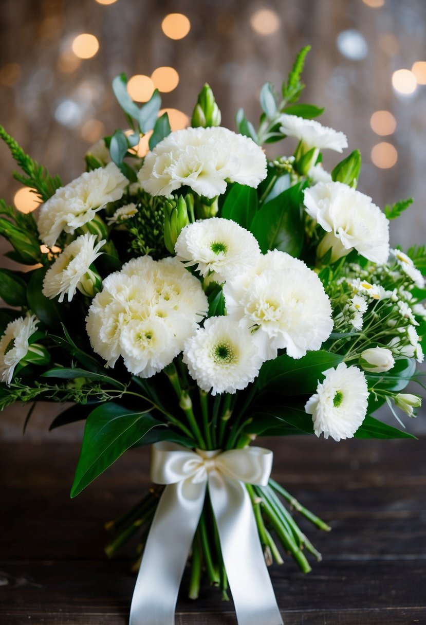 A bouquet of white carnations and asters arranged in a traditional style, with green foliage and a satin ribbon