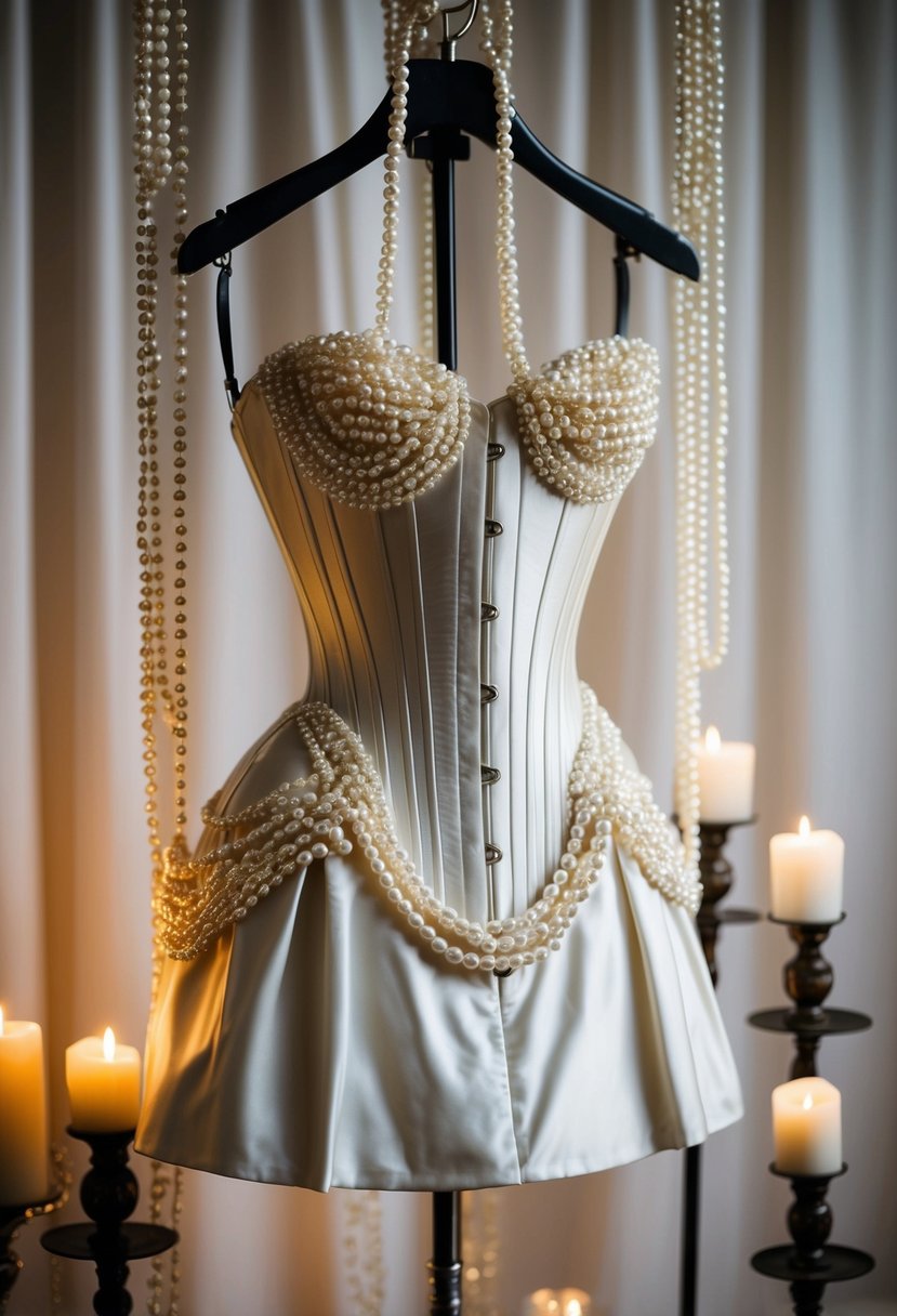 A pearl strap corset gown hanging on a vintage dress form, surrounded by cascading pearl strands and soft candlelight