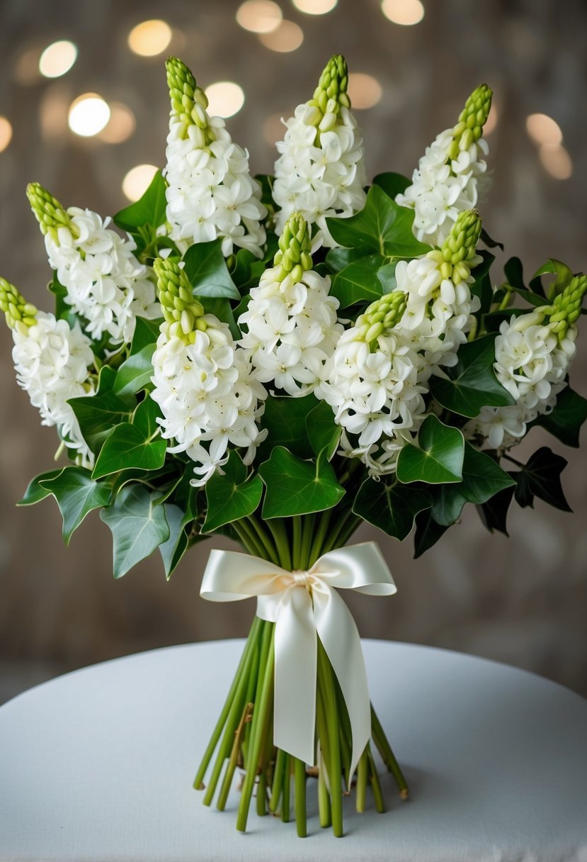 A lush white hyacinth and ivy bouquet, elegantly tied with satin ribbon