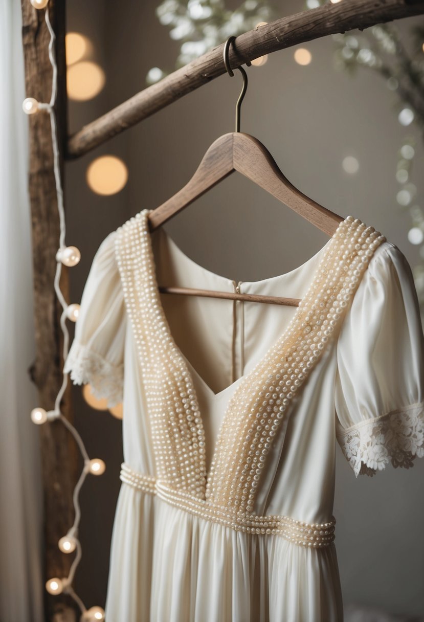 A vintage pearl sleeve dress hanging on a rustic wooden hanger, surrounded by soft, romantic lighting and delicate lace details